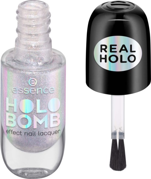 A holographic nail polish bottle and a black tool with "REAL HOLO" label, likely for applying nail polish.