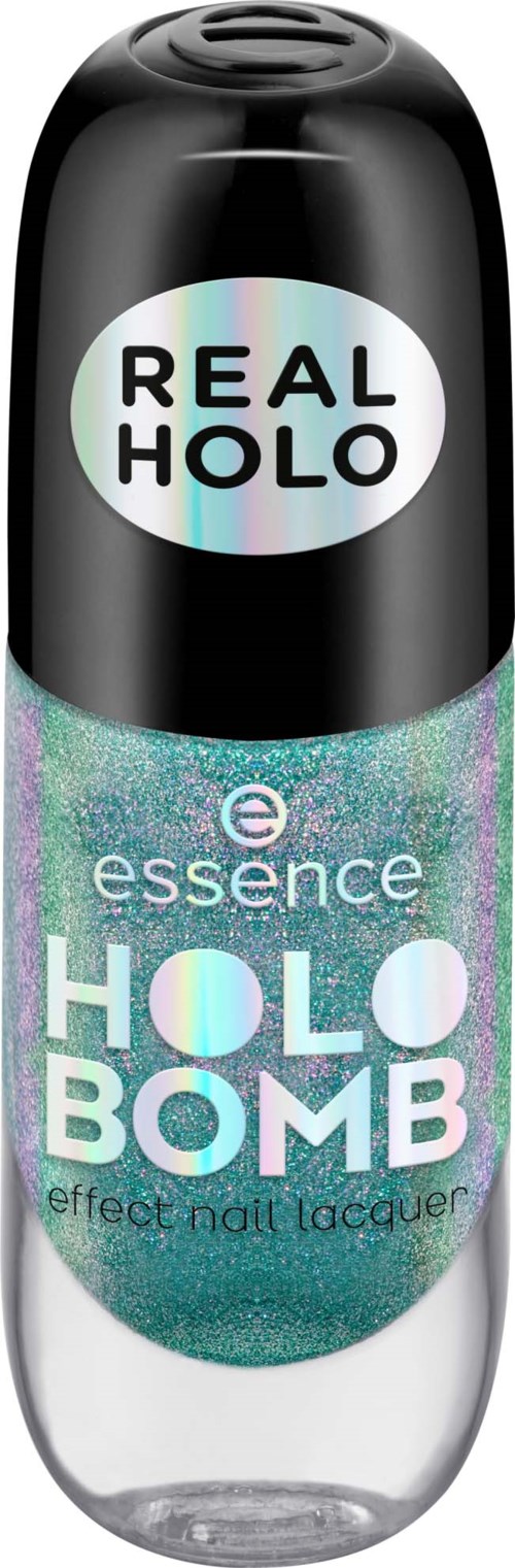 A nail polish bottle with a holographic label, black cap, and turquoise glittery nail lacquer inside.