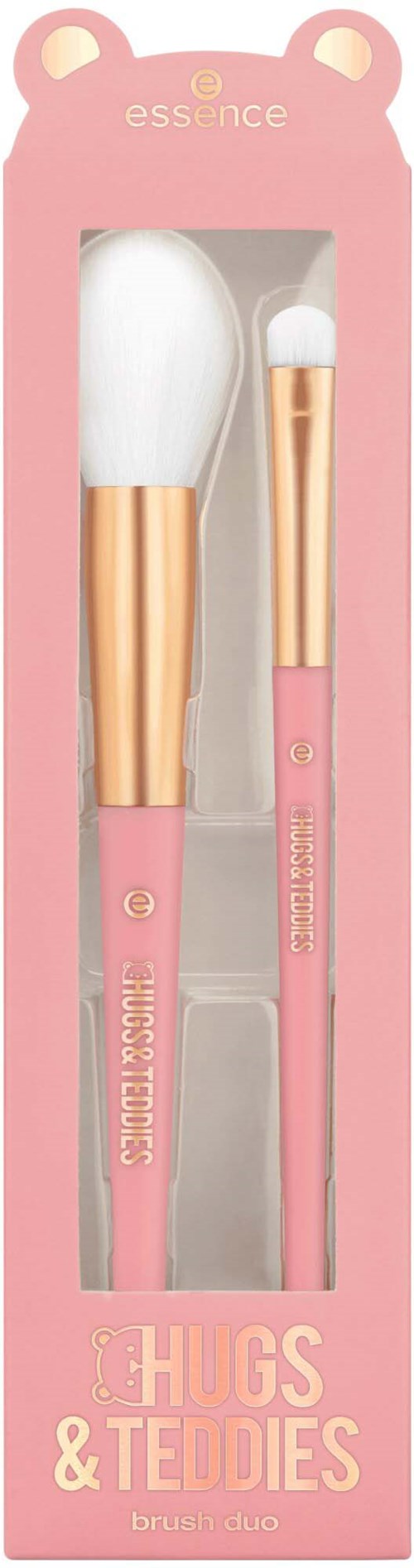 A set of two makeup brushes in a pink box, labeled "HUGS & TEDDIES". One large brush, one small brush.