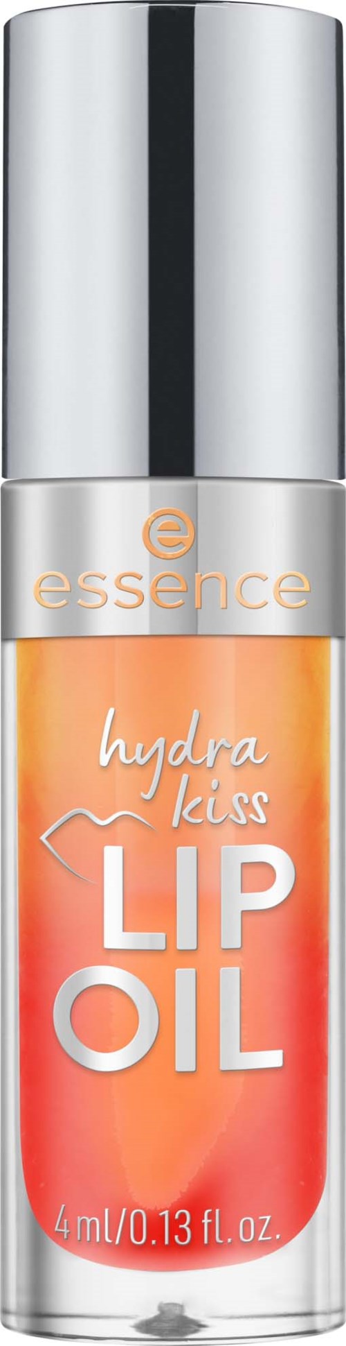 A small lip oil in a clear bottle with a silver cap and orange-pink liquid inside.