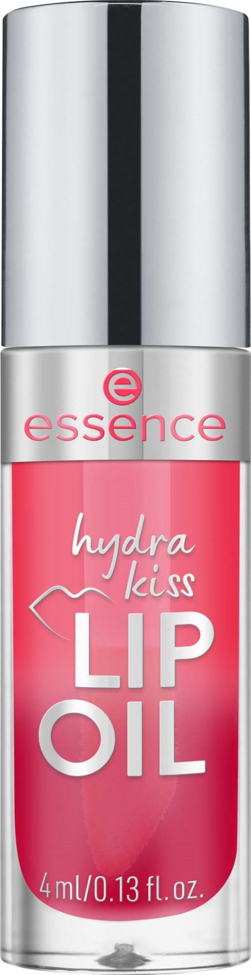 Pinkki huulilakka pienessä hopea- ja pinkkiflasissa, jossa on hopeinen kansi ja teksti Essence hydra kiss lip oil.