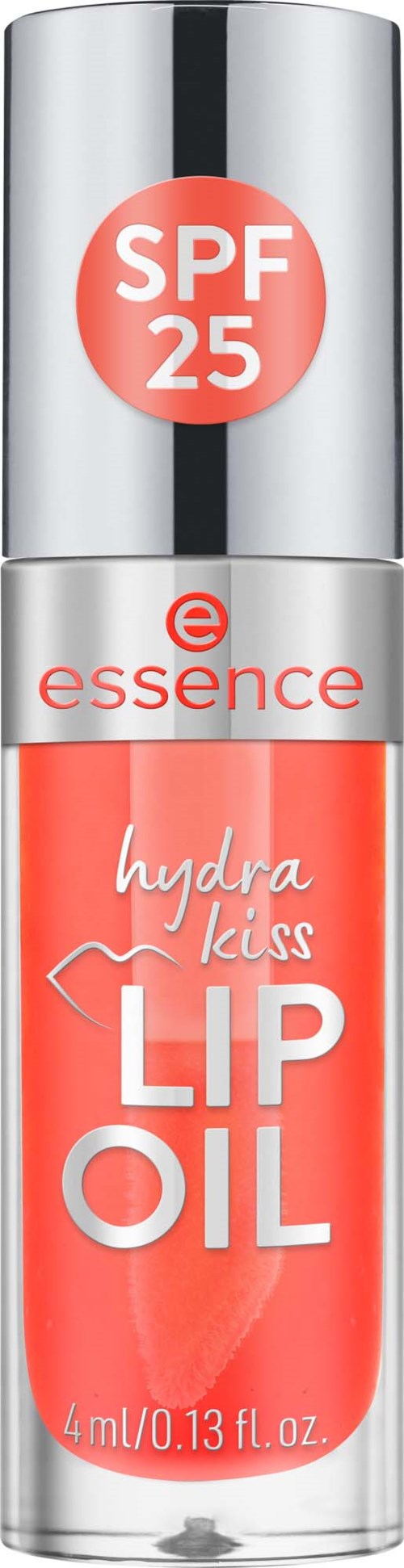 En liten flaska med korallfärgad läppolja med SPF 25, märkt 'essence hydra kiss LIP OIL,' 4 ml kapacitet.