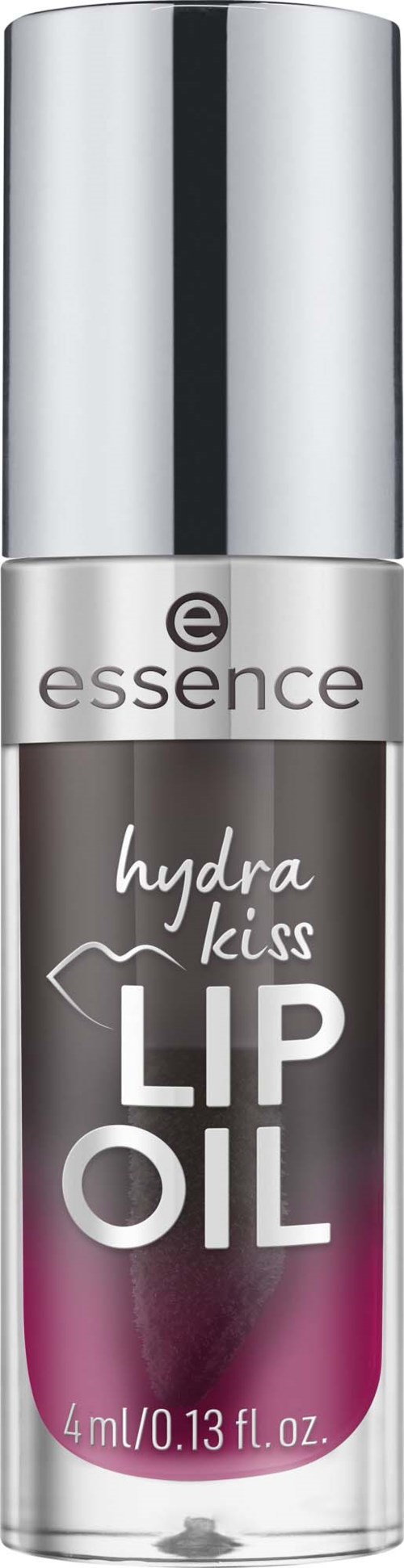 En liten flaska läppolja från Essence-märke, märkt 'Hydra Kiss'. Den är silverfärgad med lila och svarta färger.