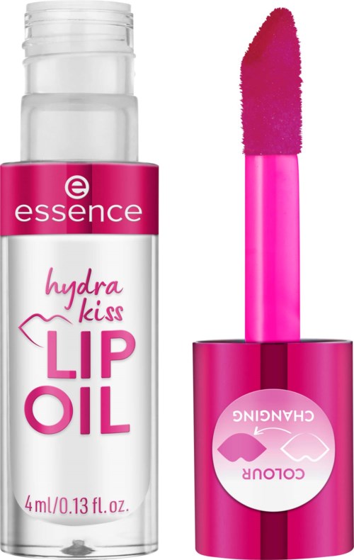 Pinkki ja valkoinen Essence Hydra Kiss Lip Oil -pullo ja roosa aplikaattori.