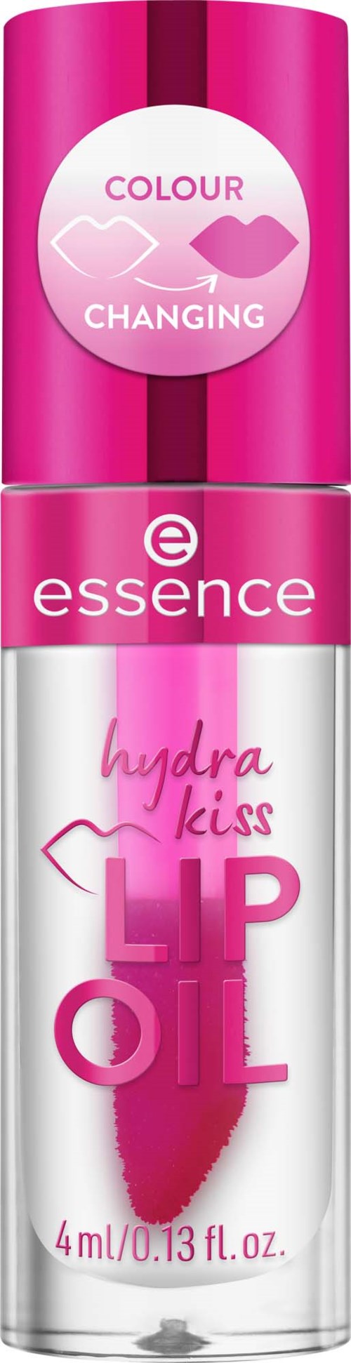 Kirkkaan pinkki huulivoidepullo, jossa väri vaihtava symboli ja teksti, Essence Hydra Kiss Lip Oil, 4 ml.
