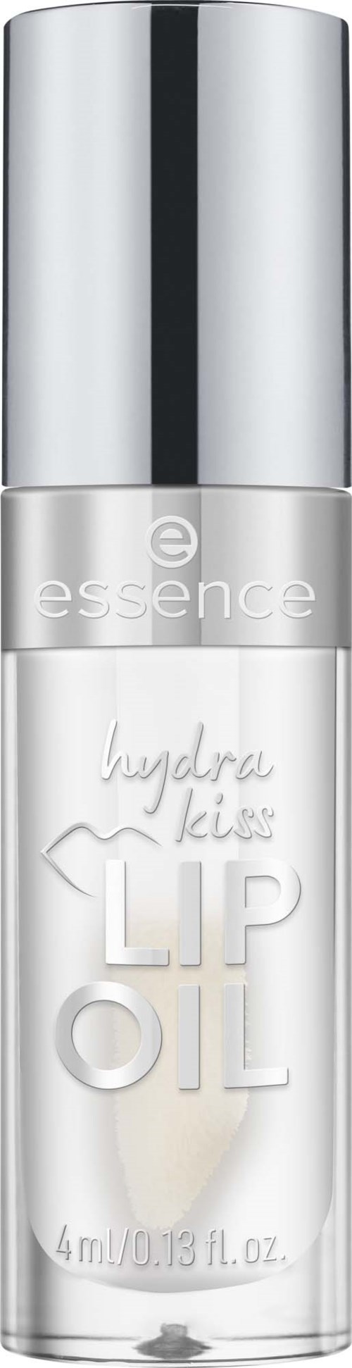 Pieni hopeanvärinen pullo, joka on merkattu essence hydra kiss lip oil. Siinä on kimalteleva, heijastava kansi ja läpinäkyvä pullo.