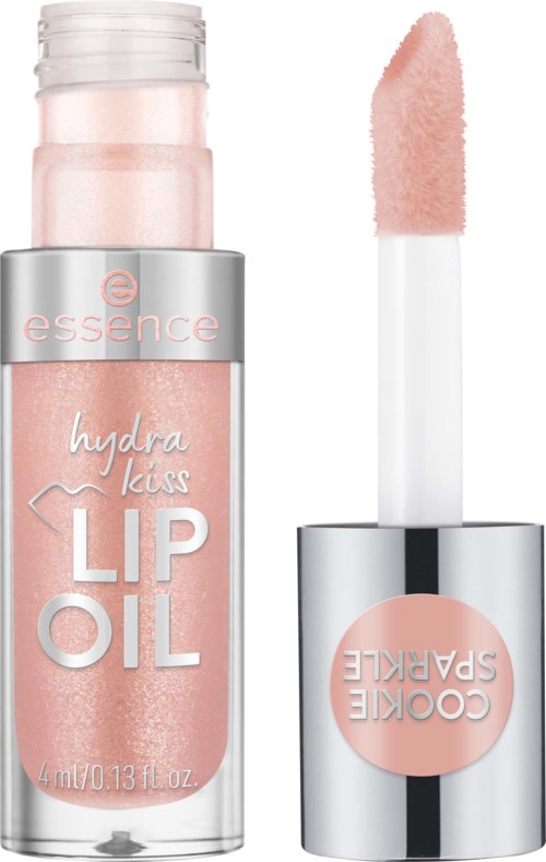 Läppolja i en tydlig behållare med rosa färg och en rosa svampapplikator. Etiketten läser Hydrakiss och Cure SPARE.