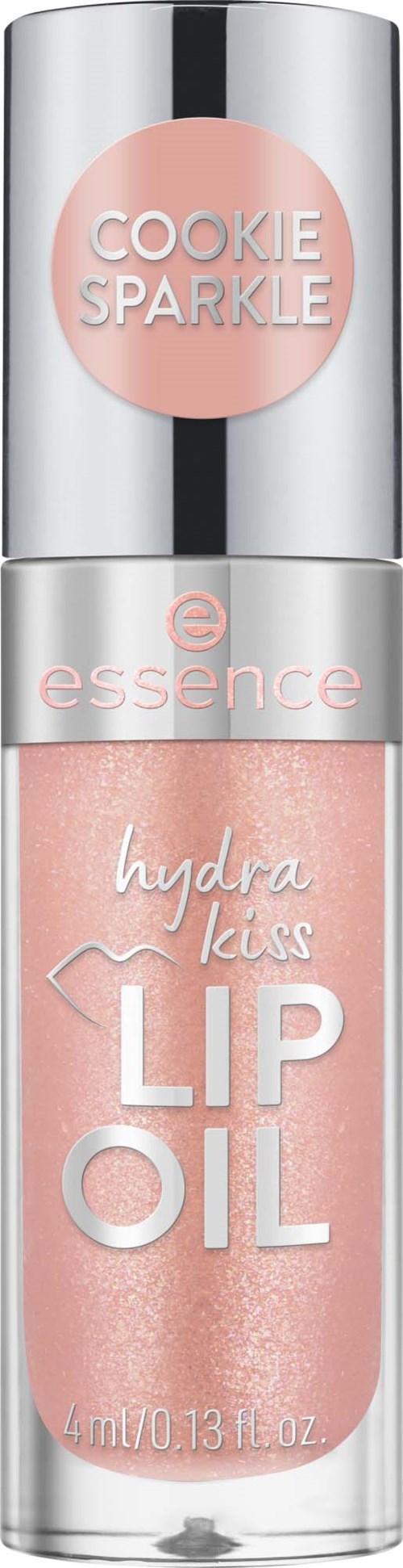 En rosa läppolja i flaska märkt Cookie Sparkle, märket essence, med silverlock och glänsande yta.