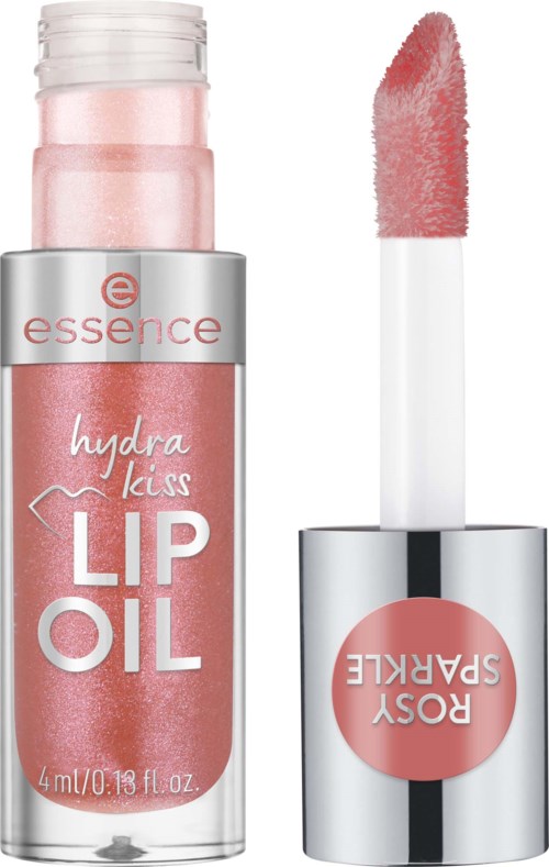 Pudraisen huulten öljypullo, senän vieressä pieni huulten levitystyökalu. Tunnuslause on " essence hydra kiss LIP OIL".