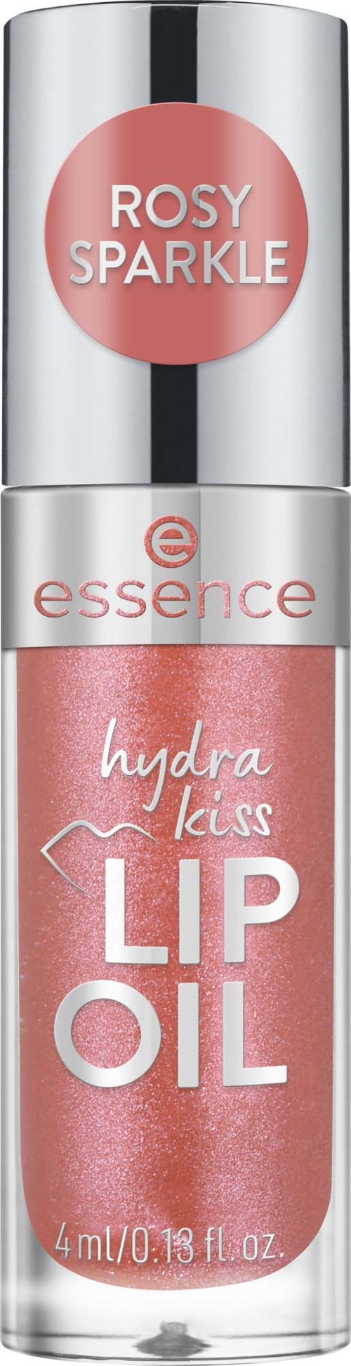 Roosanvärinen huulilakka hopeisella korkilla, Essence-merkkinen, sisältää 4 ml tuotetta.