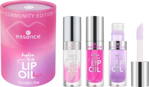 Set of four lip oil products, pink and silver containers, some with applicators, designed for lip moisturizing and gloss.