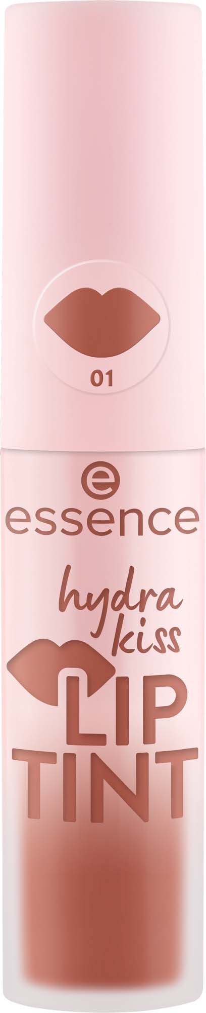 En läppfärg i ett rosa rör med läpptryck och varumärke som säger essence hydra kiss.
