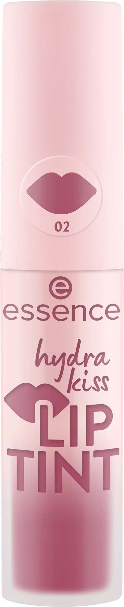 En rosa läppfärg i tube märkt essence hydro kiss med läppikon och siffran 02.