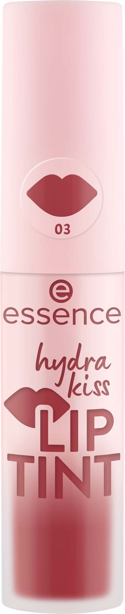 Rosa läppstiftstube med ett läpp-kyssmärke och orden Essence Hydra Kiss Lip Tint.