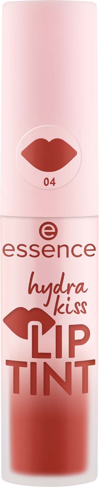 Röd läpparlogga på rosa tub, märkt essence hydra kiss lip tint, nyans 04.