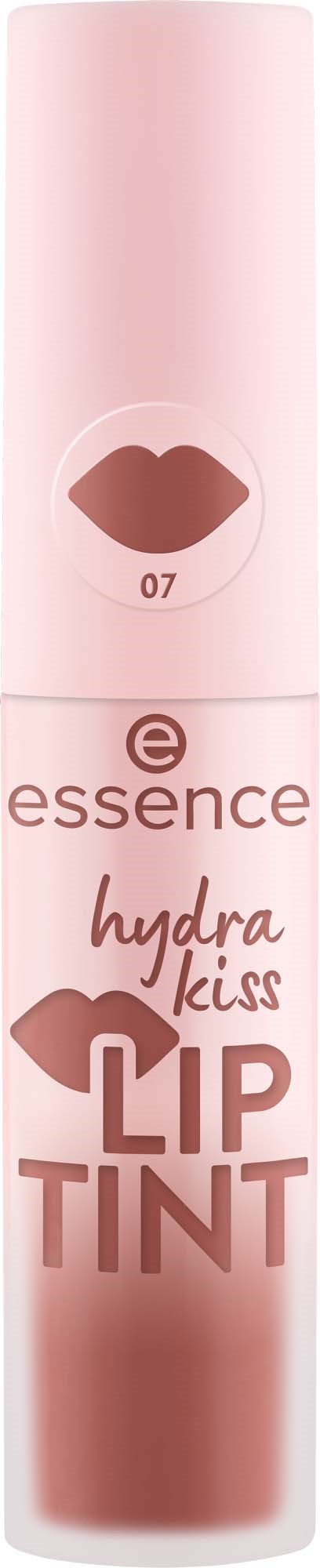 En rosa läppfärg i ett tydligt rör med läppform och orden essence hydra kiss på.