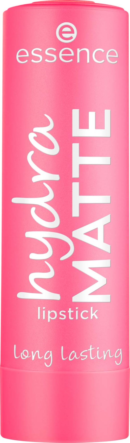 Pinkki huul lipstick -putkilossa on valkoinen teksti, jossa lukee 'nude' ja 'matte'. Siinä mainitaan myös pitkäkestoinen ja essence.