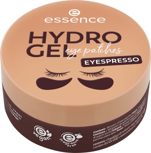 Rund behållare med essence hydroge ögonpatchar med ögonfransillustrationer, etiketten säger vegan, parfymfri, för ögonen.