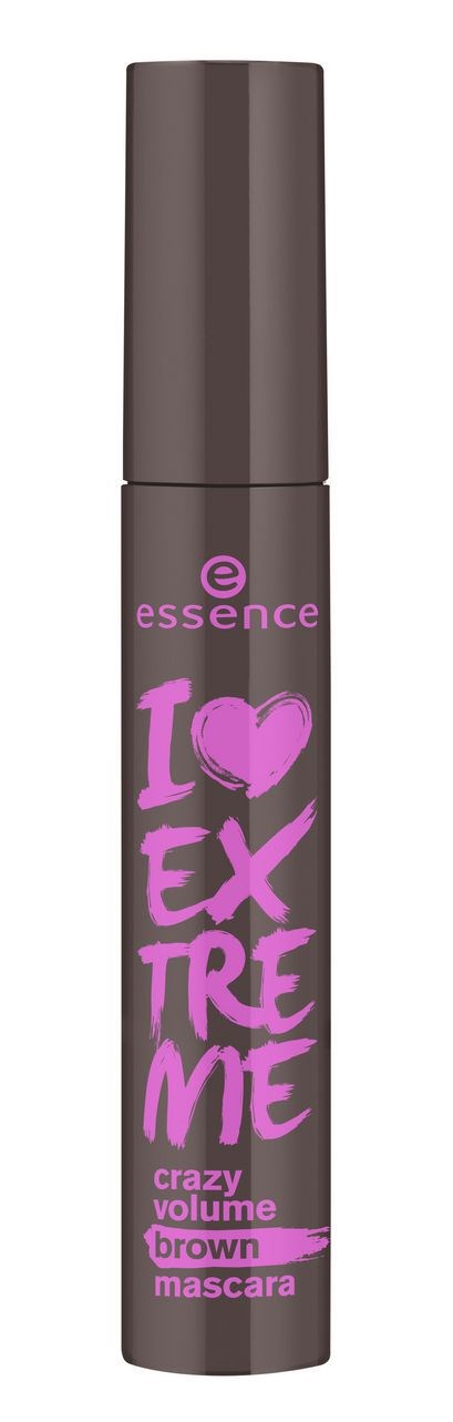 En lila och grå mascara-flaska med rosa text som säger "I Love Extreme" och "crazy volume browns."