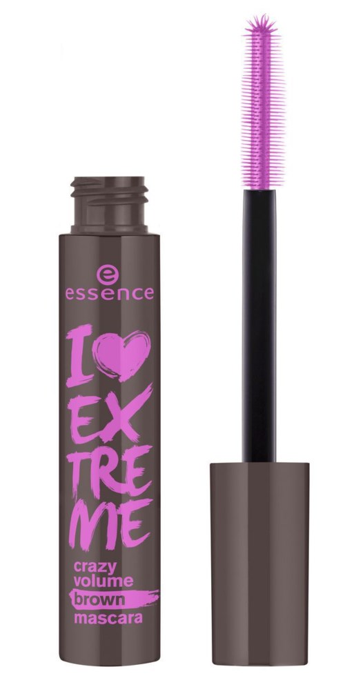 En rosa och brun mascara-rör med dess borste utsträckt, märkt "crazy volume brown mascara."