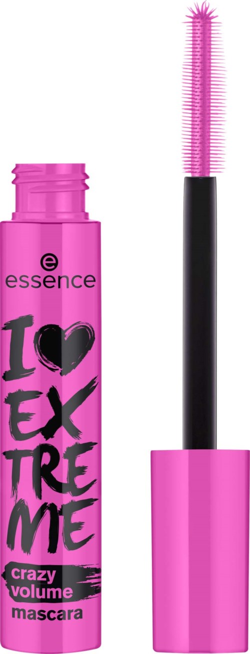 Pinkki ripsivärinaputki avoimella harjalla ja pinkki ripsiväri. Tekstissä lukee Love Extreme ja crazy volume.