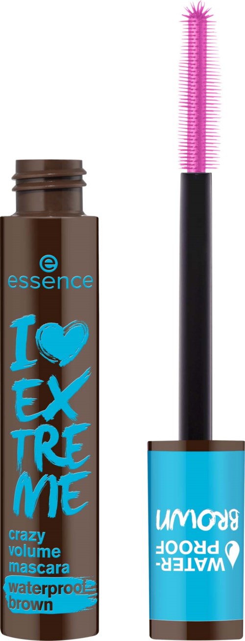 A brown mascara tube with blue text and design, with a pink mascara wand nearby. It says I love extreme mascara.