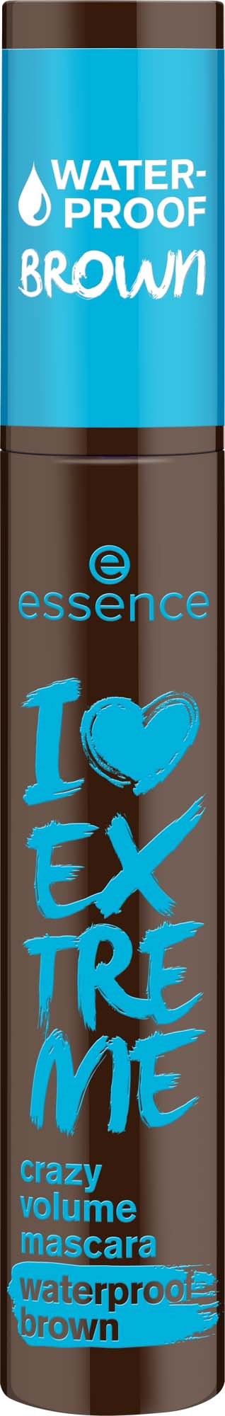 A waterproof brown mascara tube with blue lettering and heart, claiming to give extreme volume. It belongs to Essence.