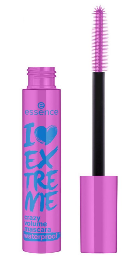 Pink mascara tube with wand inside, labeled "I ❤️ EXTREME", waterproof, for volume enhancement.