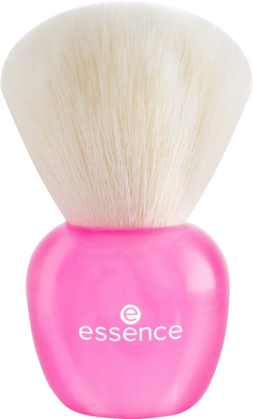 A pink makeup brush with white bristles and the word 'essence' on the handle.