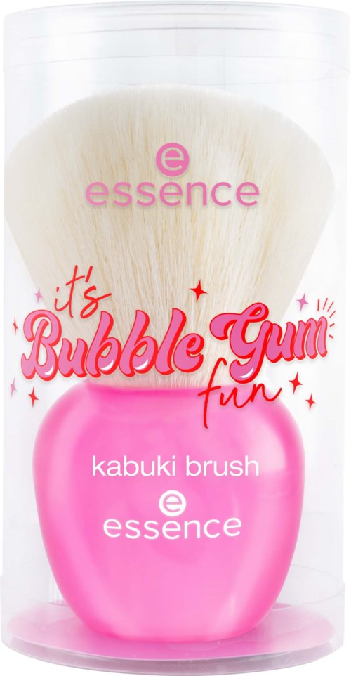 A pink kabuki brush with a white fluffy top and packaging with pink and red text, highlighting fun bubblegum theme.