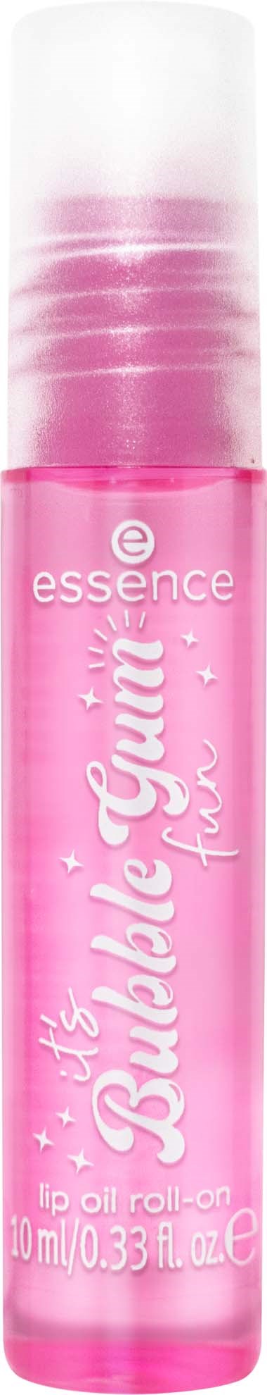 En rosa läppglans med vit kork, märkt 'Bubblegum' av Essence, i ett litet genomskinligt rör.