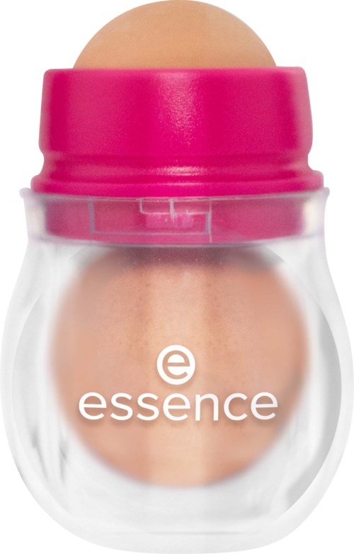 Läpinäkyvä purkki, jossa on pinkki kansi ja sisältää kuoritun ruskean munan, ja tekstin 'essence'.