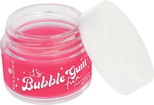 Kleine roze pot met bubblegum geurende lippenbalsem, zonder witte deksel. Tekst op pot zegt "het is Bubble Gum smaak".