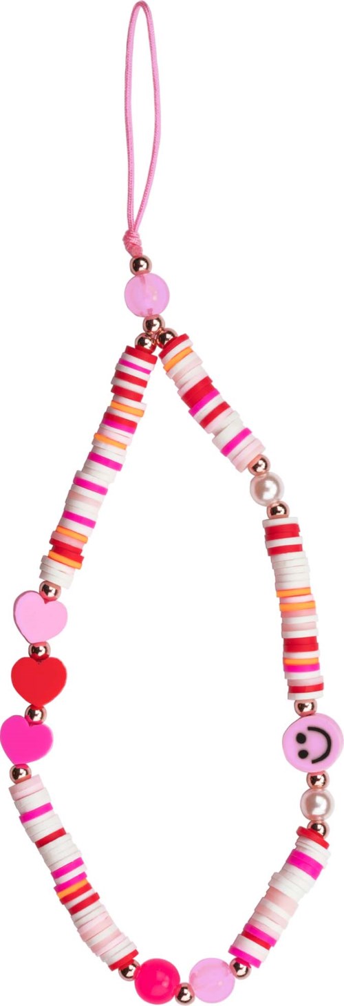 A colorful beaded strap with pink, red, and white beads, including hearts and a smiley face charm.