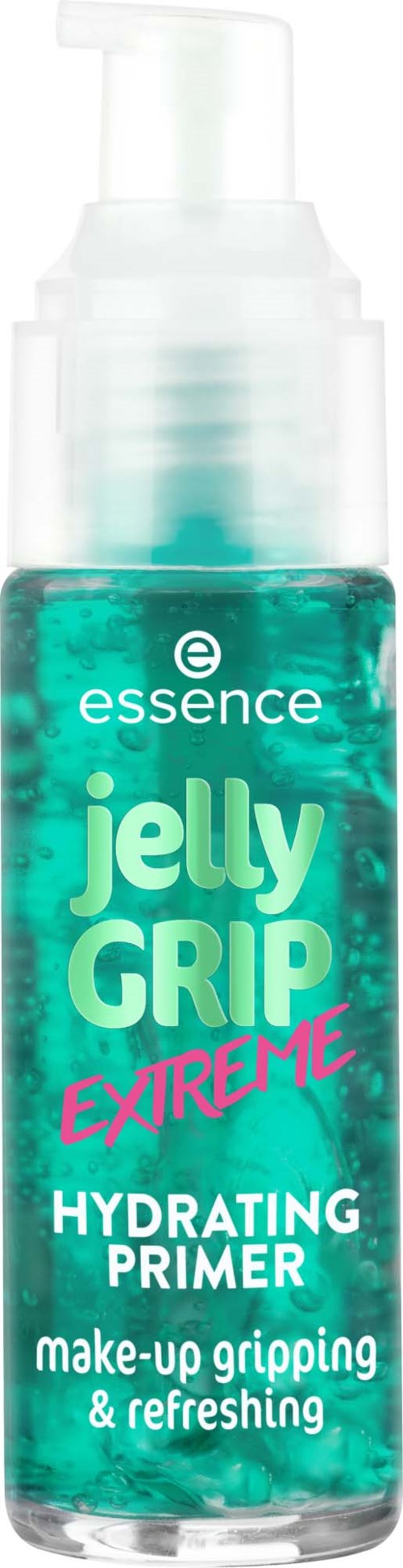 Eine Flasche mit hydratisierender Primer namens Jelly Grip Extreme von Essence für Make-up. Sie verbessert den Halt und sorgt für Frische.