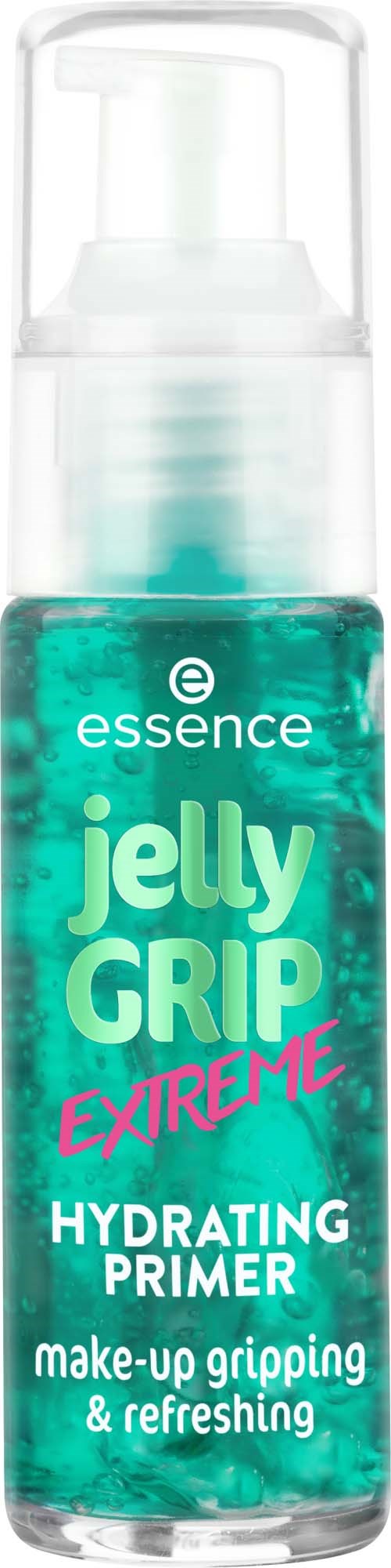 Kleine Flasche mit türkisfarbener Gel, beschriftet 'Jelly Grip Extreme Hydrating Primer' für Make-up, mit Pumpaufsatz.
