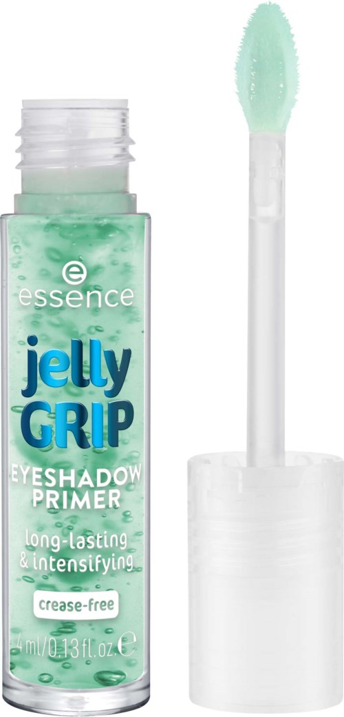 Eine Tube Lidschatten-Primer mit Pinselapplikator, labeled 'Jelly Grip', betont langanhaltende, creaseless und intensivierende Effekte.