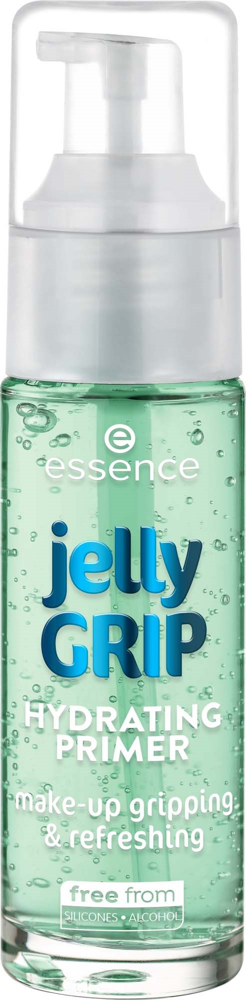 Eine klare Flasche mit Pumpdosierer enthält grünliche gelartige Flüssigkeit, als feuchtigkeitsspendende Primer für Make-up, frei von bestimmten Inhaltsstoffen.