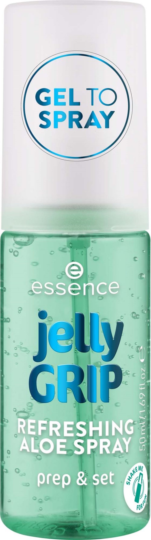 En klar sprayflaske med grønt gelinnhold, merket Jelly Grip Refreshing Aloe Spray for hudfordeler.