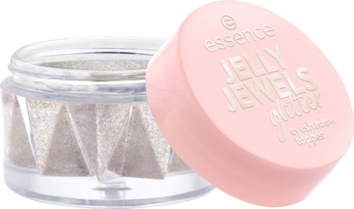 Pink container labeled Jelly Jewels glitter eyeshadow topper with clear jar of silver glitter inside.