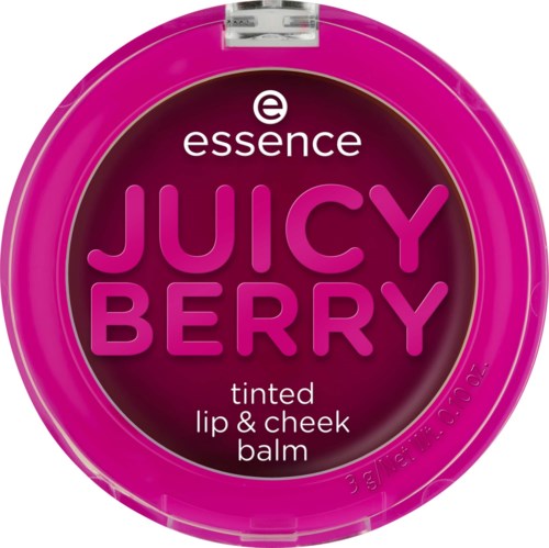 A round container with a pink lid, labeled "Juicy Berry" and described as a tinted lip and cheek balm.