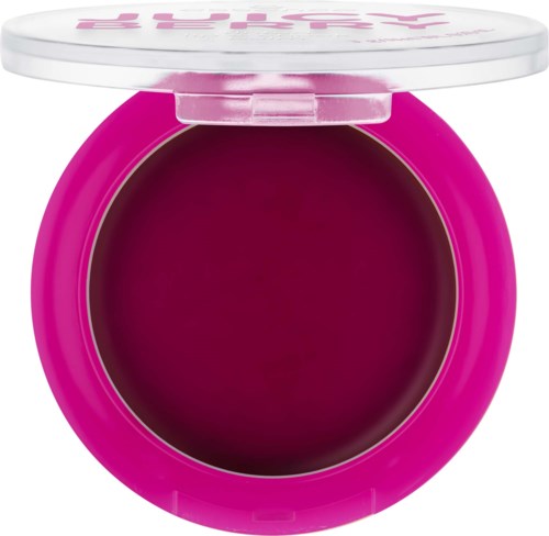 Pink makeup container with a white lid, open to show dark pink or red product inside.