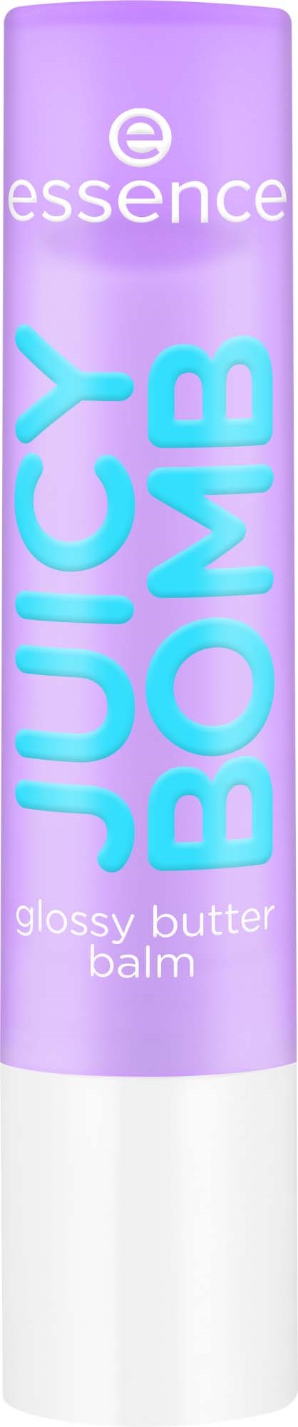 Ein Tube Essence Juicy Bomb Glanzbalsam, lila und weiß.