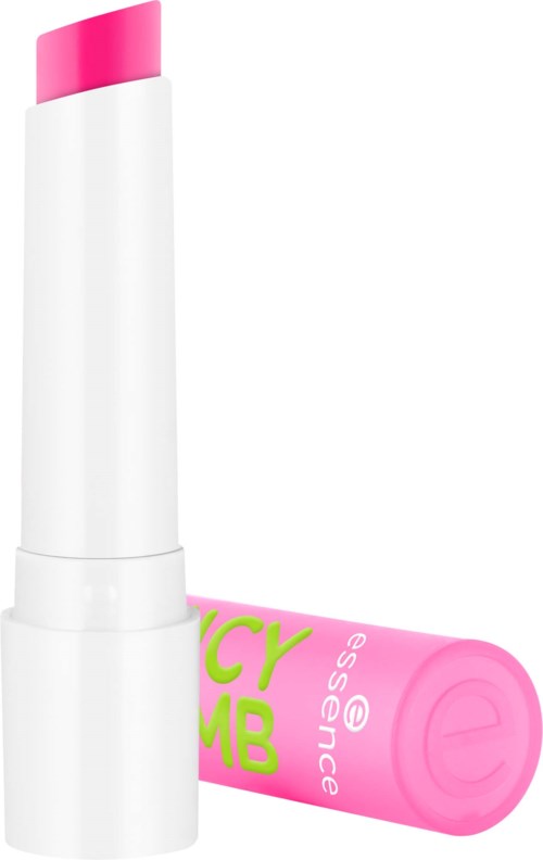 A pink and white lip balm stick with green and pink text on the cap.