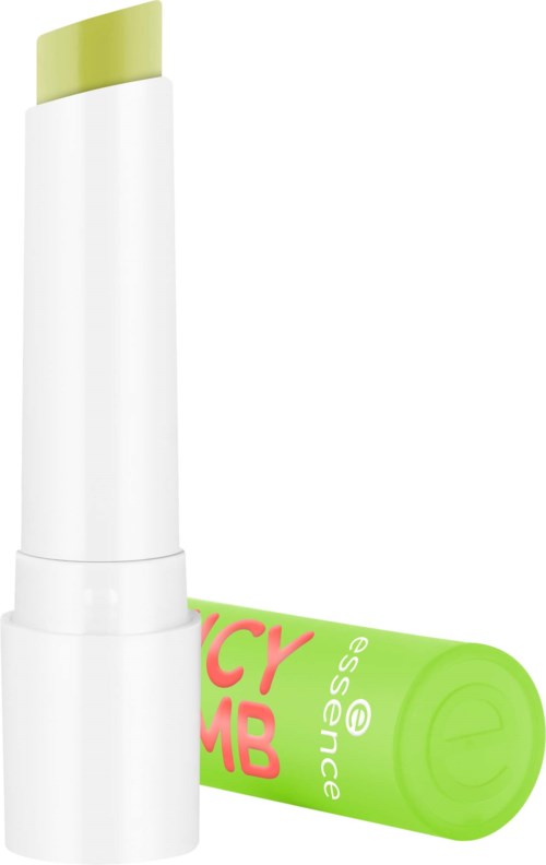 A green and white cylindrical lip balm stick with a cap. The cap is off, revealing the balm inside.