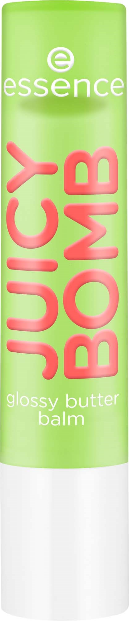 A green and white tube labeled 'Juicy Bomb Glossy Butter Balm' by Essence. Small size, smooth design, colorful text.