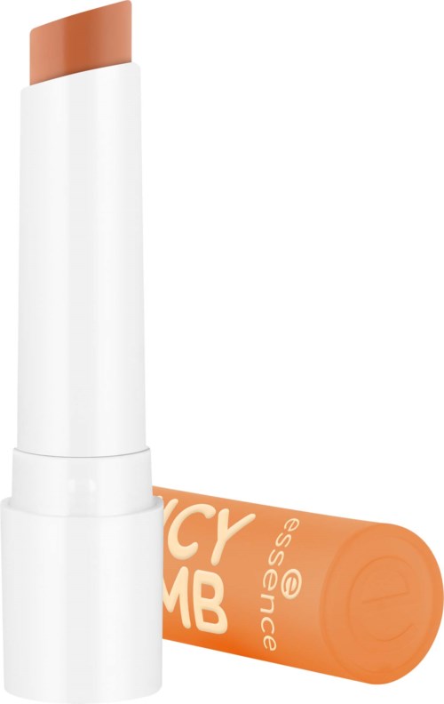 Lippenbalsemtube met oranje en witte verpakking, gemarkeerd "LIP BALM" en "essence".
