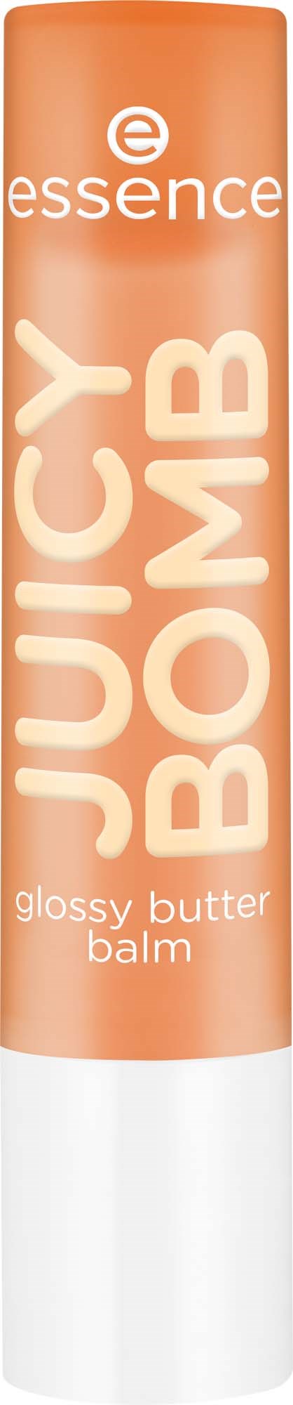 Een cilindrische container in oranje en wit, gelabeld Juice Bomb glossy butter balm van essence.