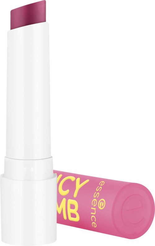 A white lipstick with a pink cap and pink base, with yellow text on the base.