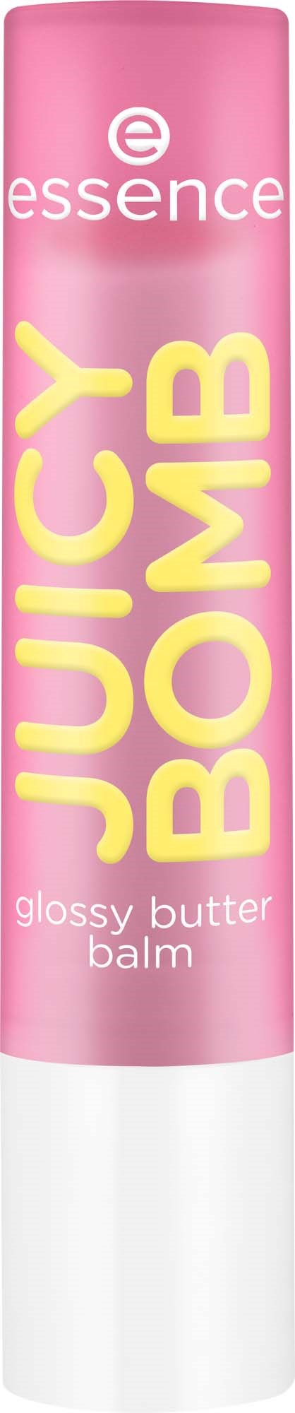Pink lip balm tube labeled Juicy Bomb Glossy Butter Balm from Essence. Bright yellow and white text on the packaging.